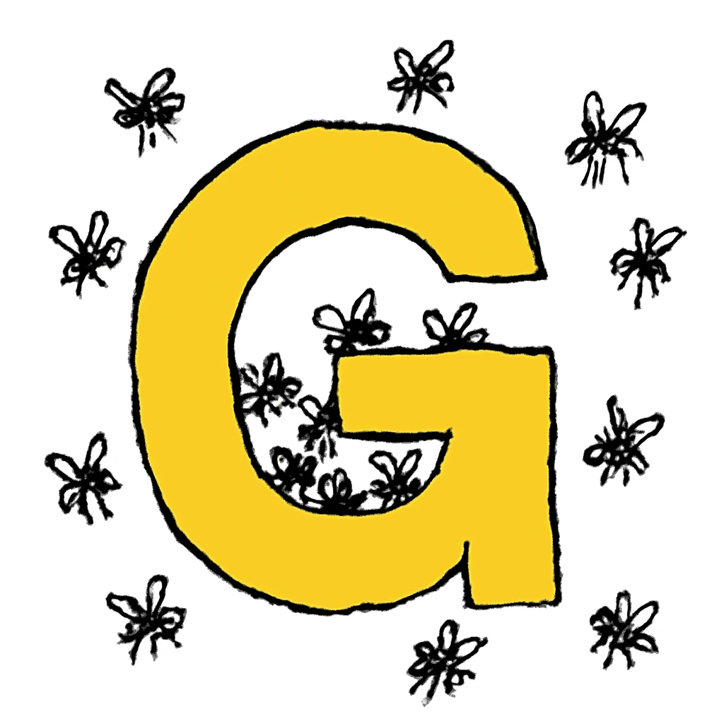 A giant hand-scrawled gold letter G in MS Paint style, swarmed by a dozen crude scribbled flies clustering inside its open counter.